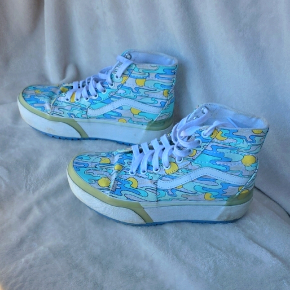 Vans High-Top Sneakers - Blue and Yellow Wave Design